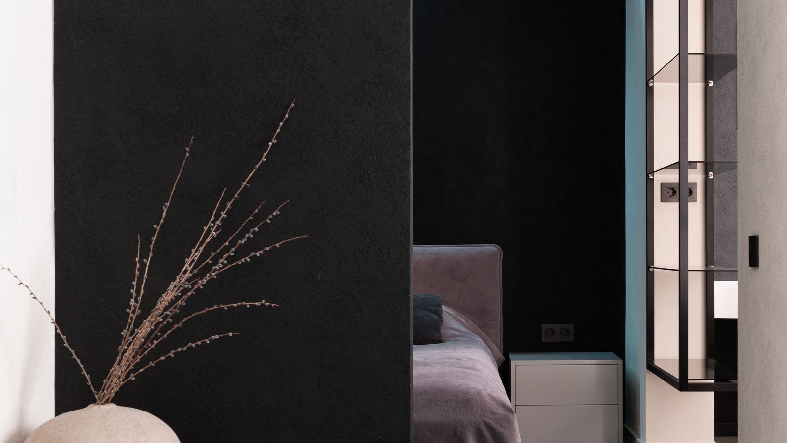Bedroom with nightstand where an allergy air purifier can run overnight