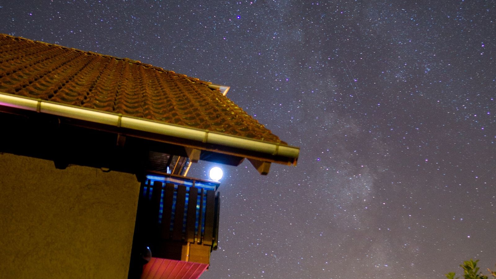 Suburban house and backyard under a clear night sky
