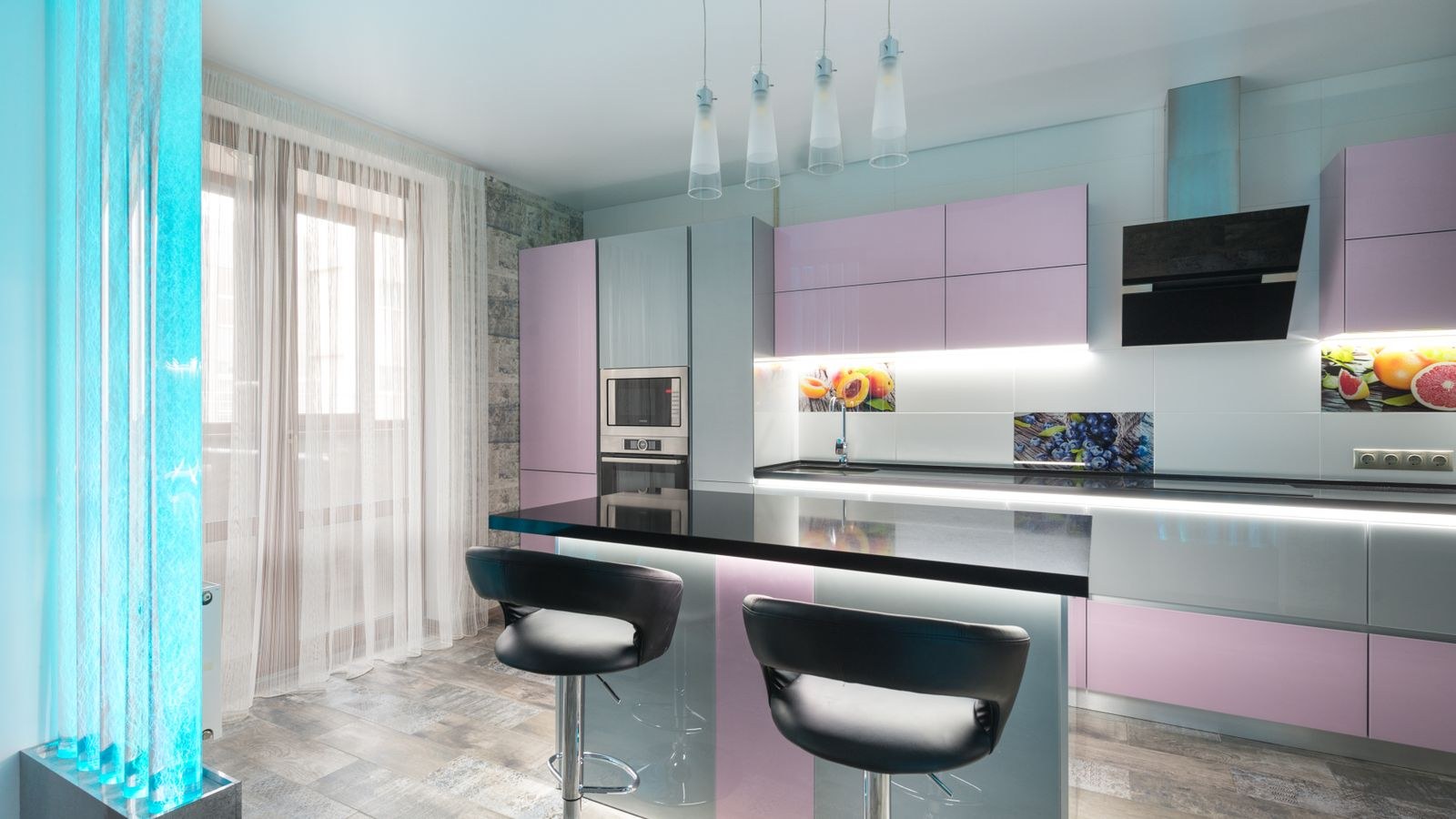 Modern counter stools with backrests beside a kitchen island
