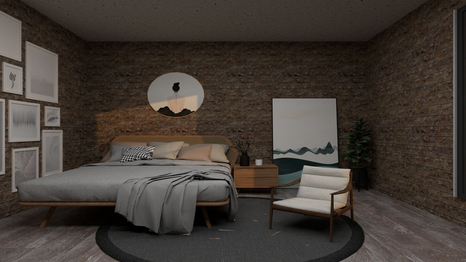Cozy modern bedroom with a low bed frame and minimalist furniture