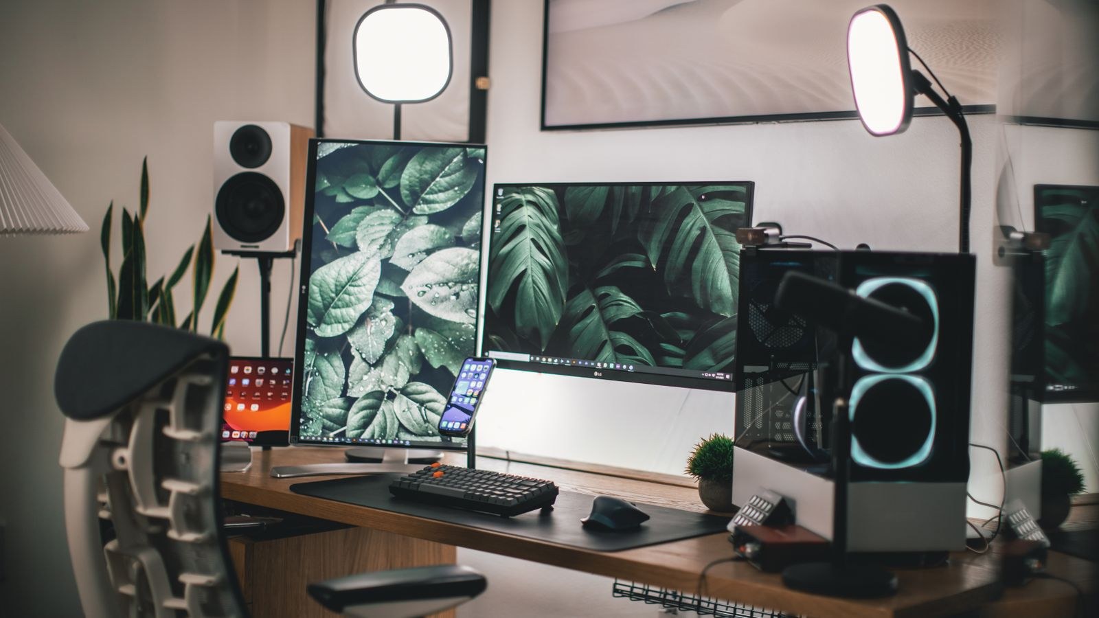Beginner streaming setup with microphone camera and lighting on a desk