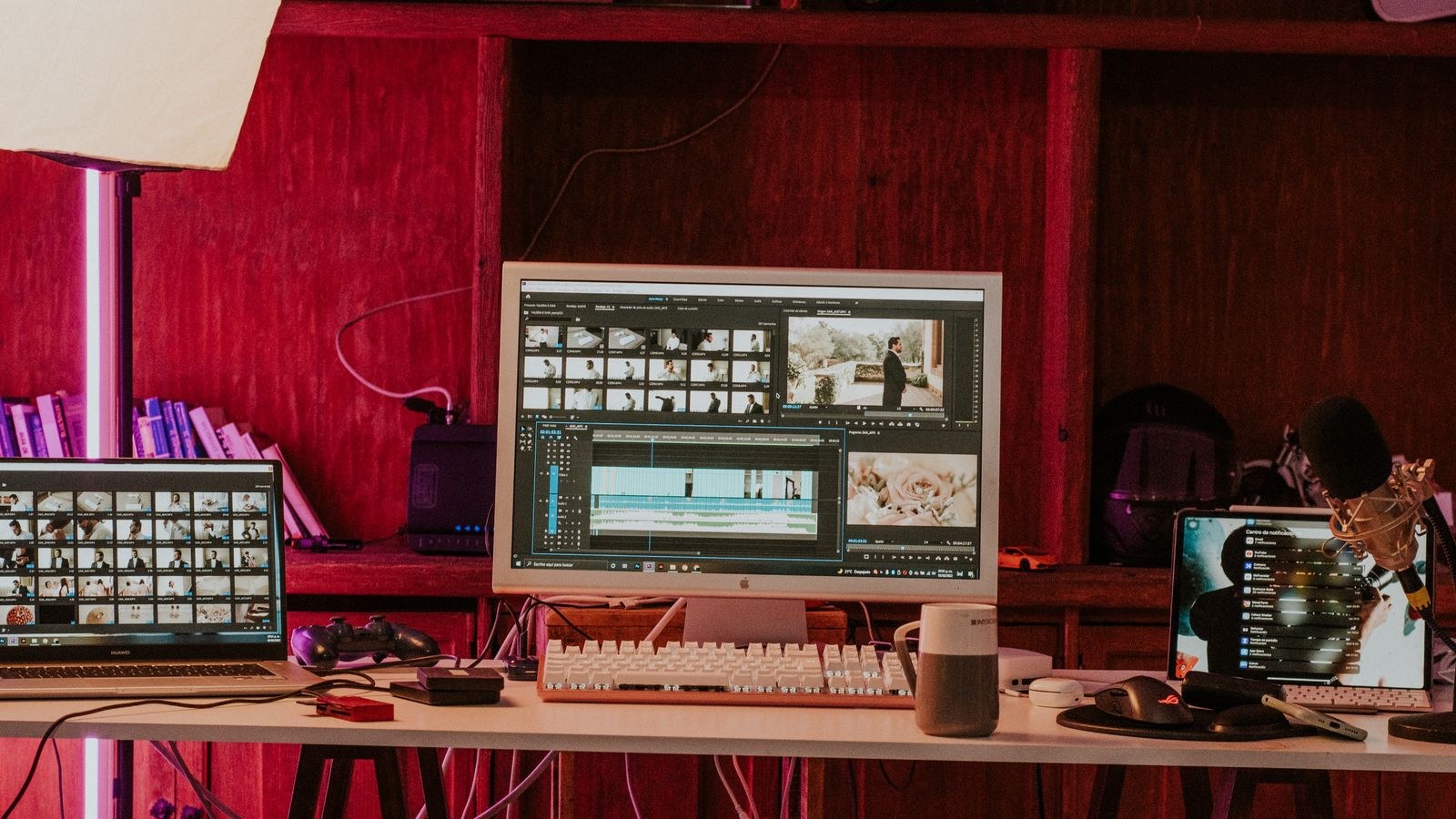 Video editing workstation with monitors and computer for post-production