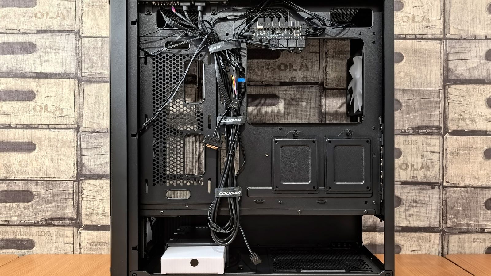 Interior of a PC case showing tidy cable routing and internal components