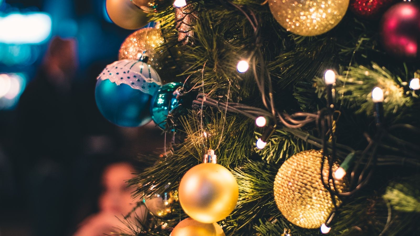 Close up of warm white LED string lights glowing on evergreen branches