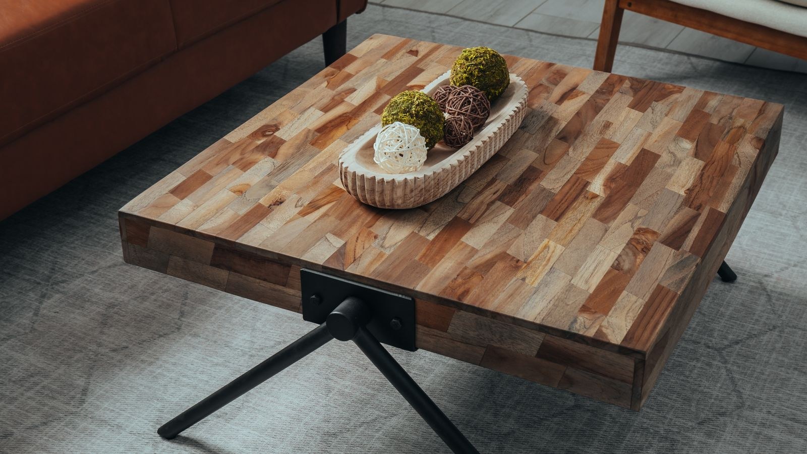 Minimalist wooden coffee table with correct clearance in a bright living room