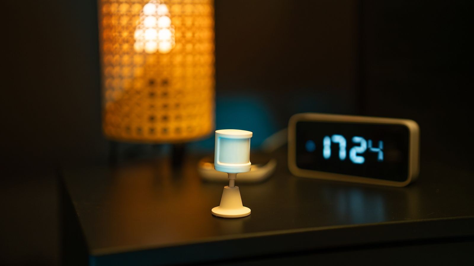 Smart home nightstand with a motion sensor digital clock and lamp
