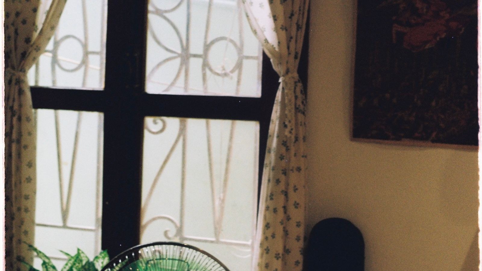 Cozy room interior with a green cooling fan, plant and soft lighting