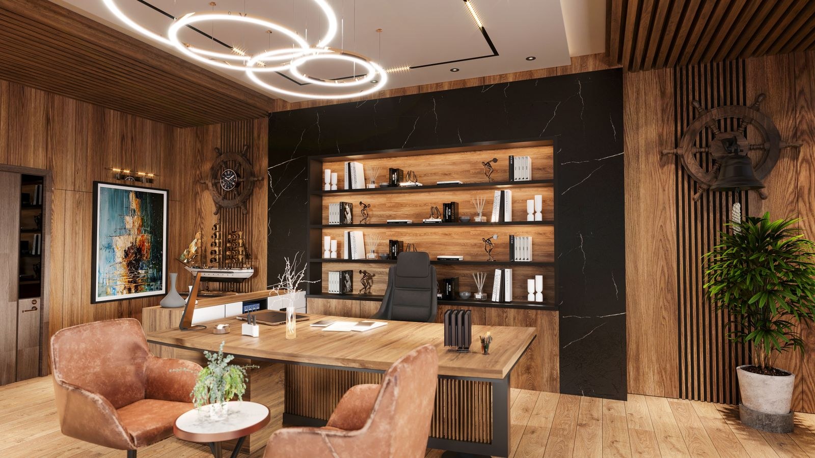 Executive office chair behind a wooden desk in a stylish private office