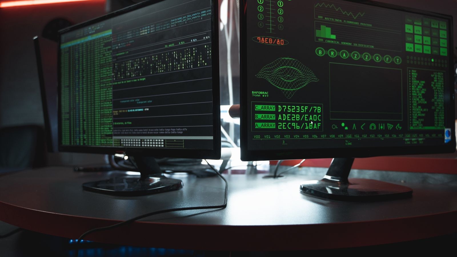 Close up of dual gaming monitors in a dark room during fast motion