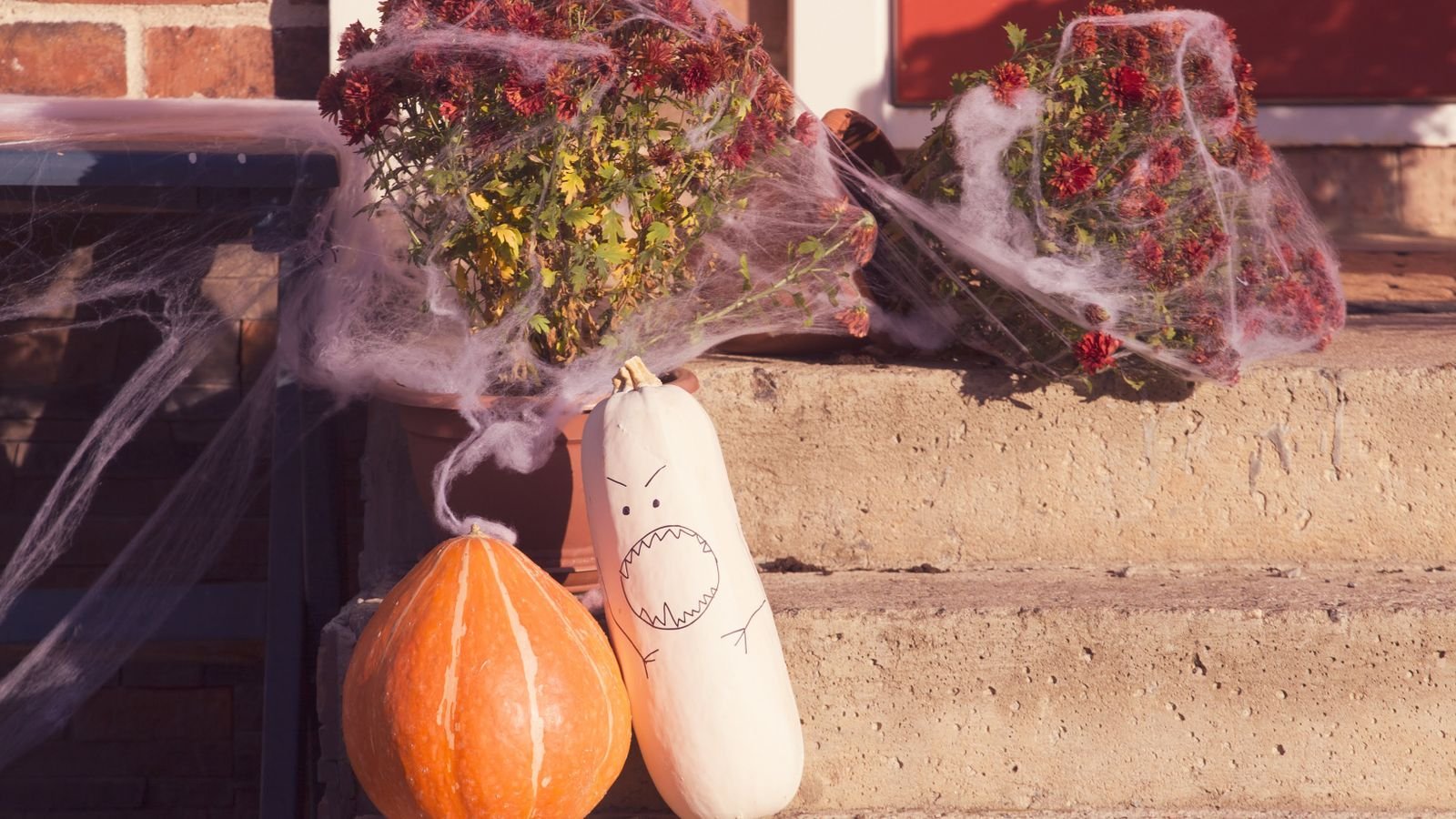 Front porch decorated for Halloween with carved pumpkins and cobwebs