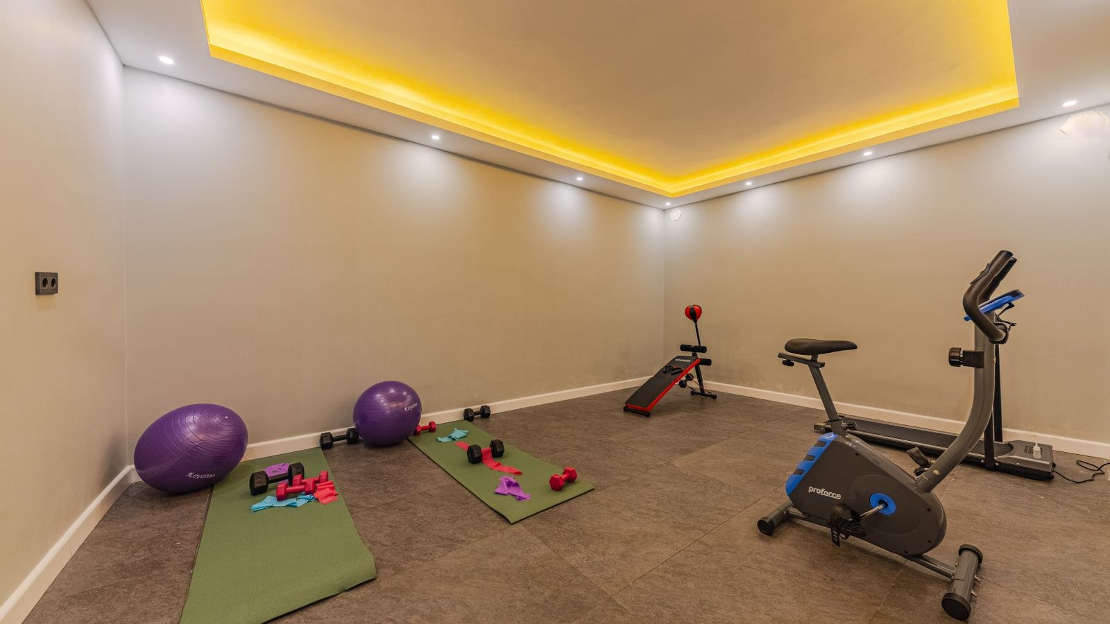 Spacious home gym with mats and exercise equipment under even ambient lighting