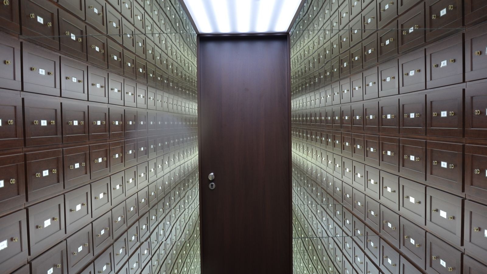 Secure storage room lined with locked compartments and a central door