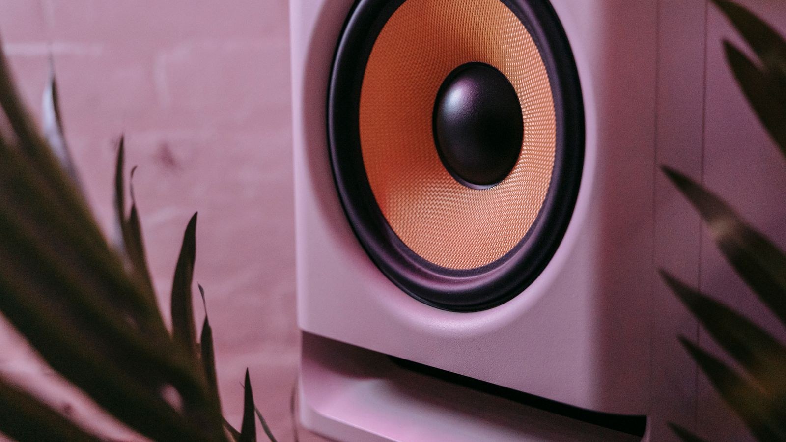 Close up of a home theater subwoofer providing low frequency effects