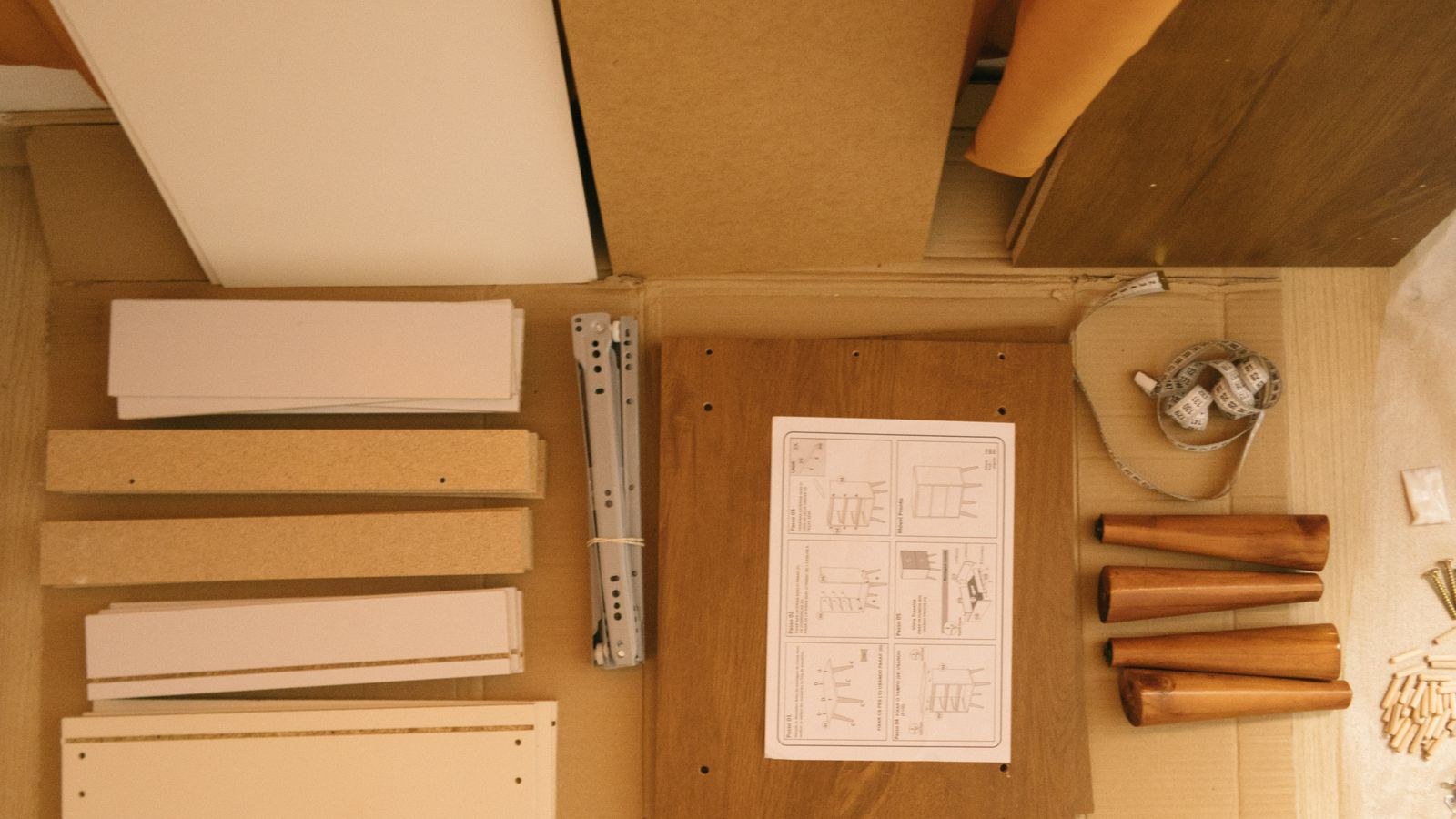Flat-pack furniture parts arranged with instruction sheet before assembly