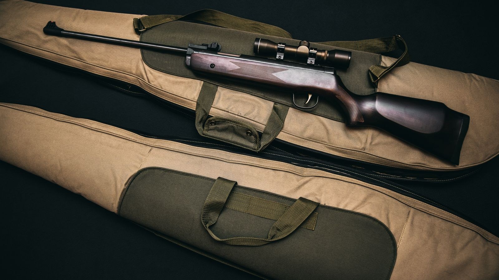 Hunting rifle with a mounted scope resting on a padded carrying bag
