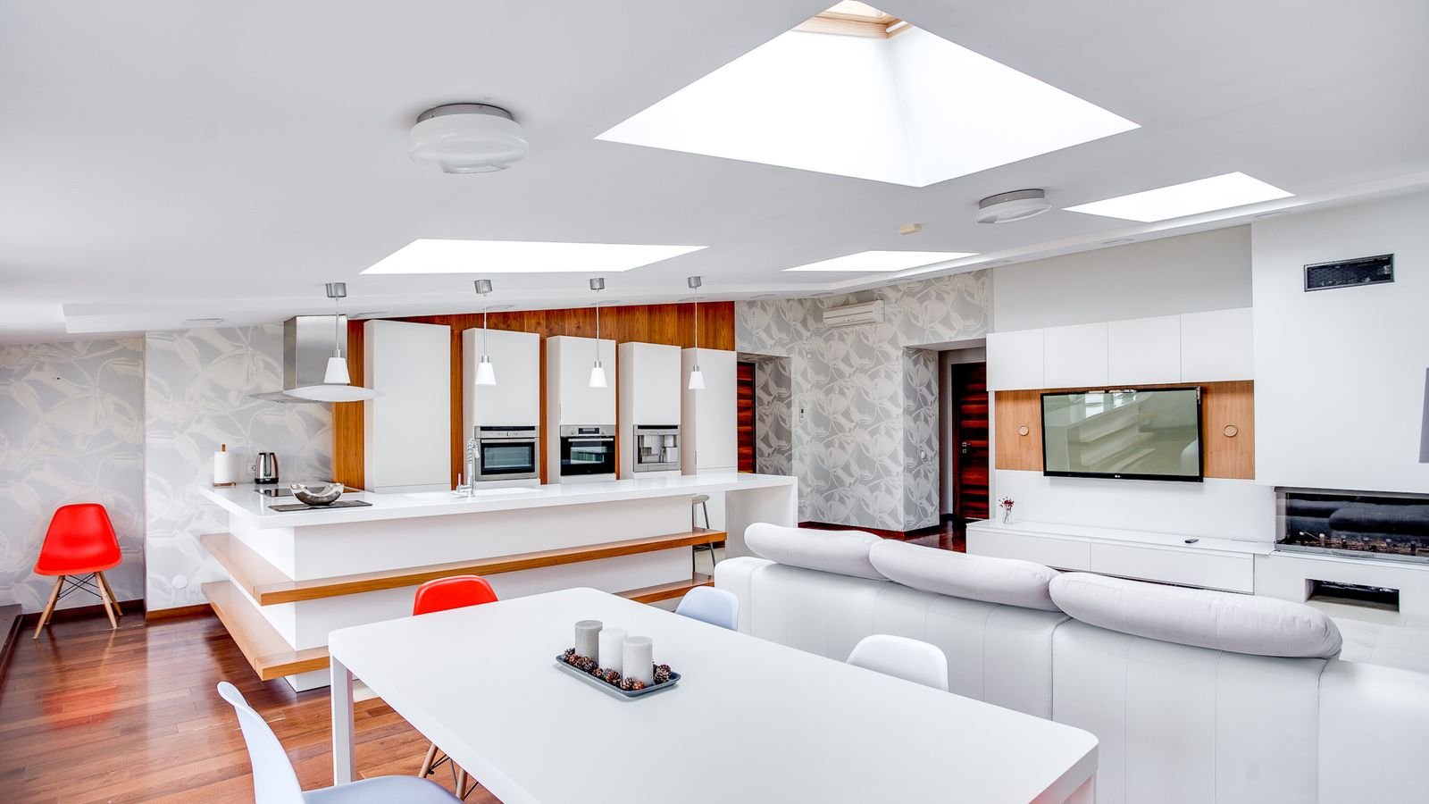 Ceiling with recessed lighting fixtures in a bright room