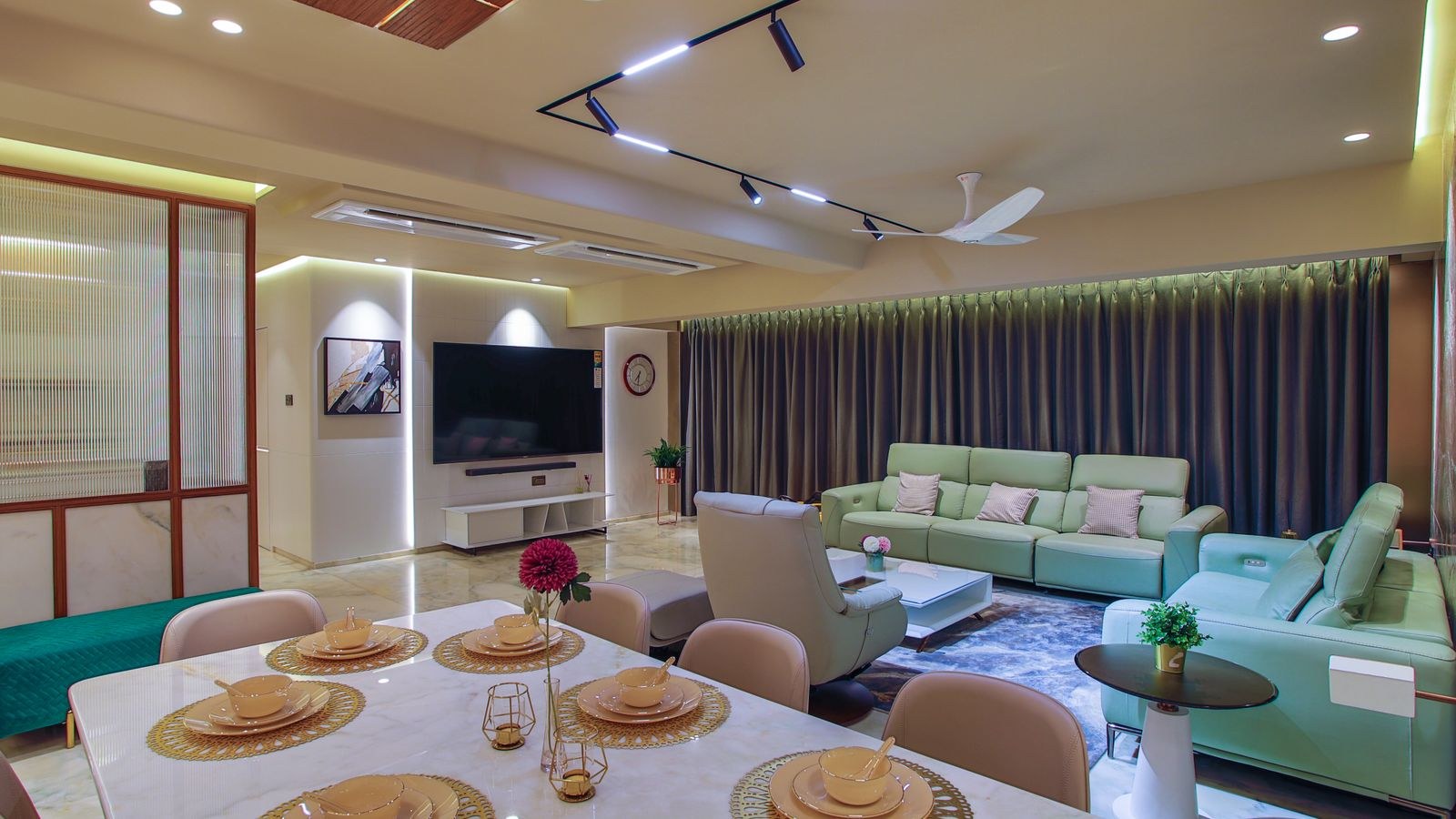Stylish modern living room interior with floated seating and layered lighting