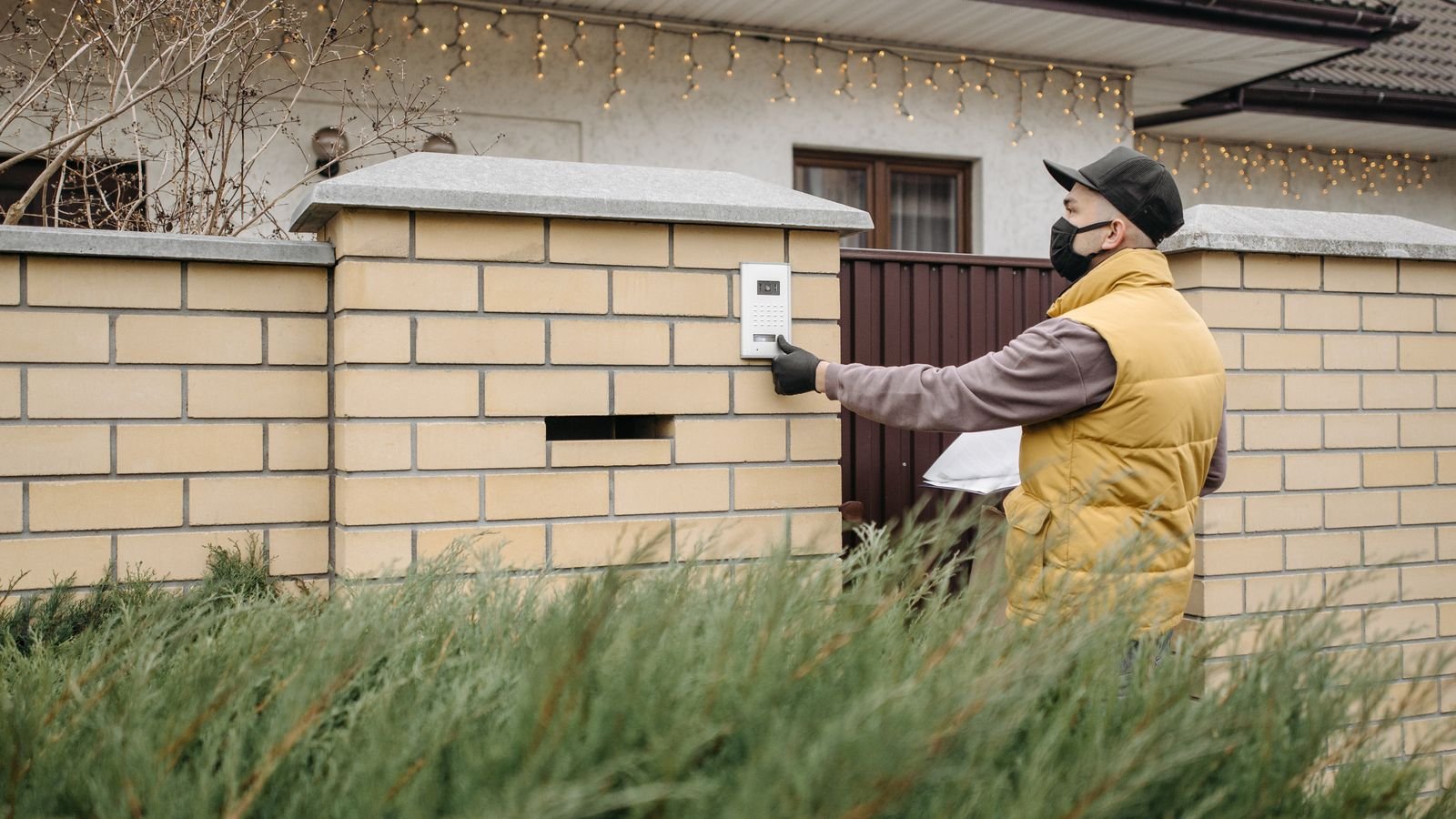 Person mounting a wireless video doorbell bracket to a wall with a drill
