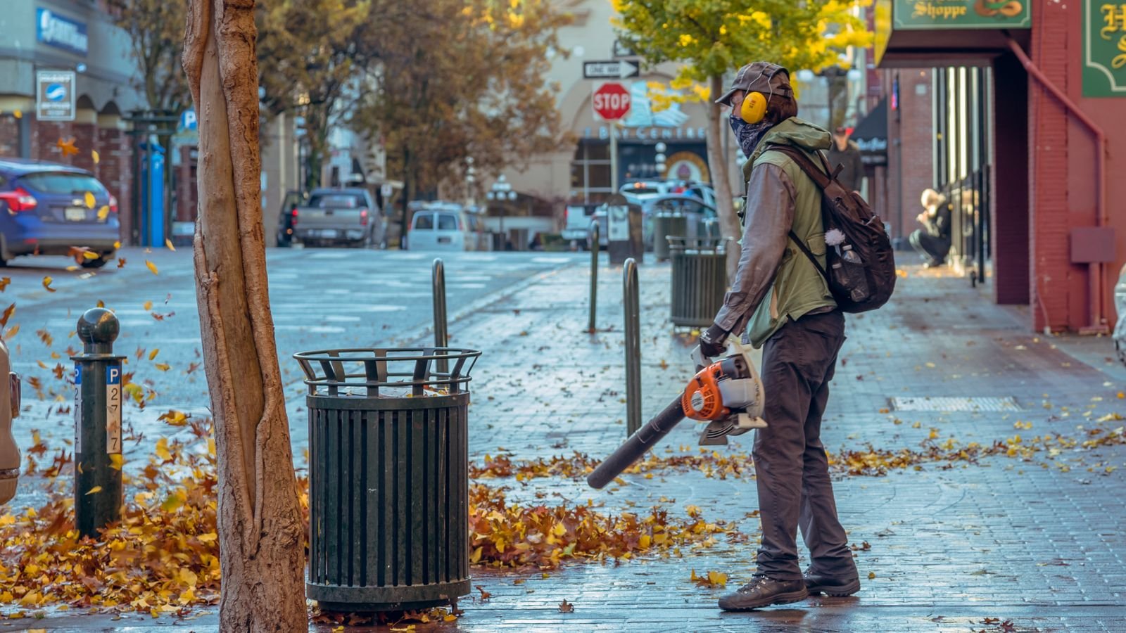 Pile of dry autumn leaves ready to be collected and shredded by a leaf vacuum