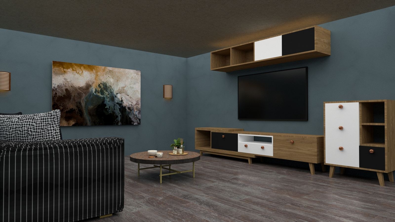 Cables bundled and routed behind a media console with a power strip mounted off the floor
