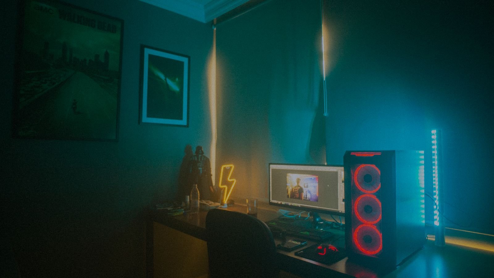 Hidden LED strip lighting washing colored light across a modern room interior