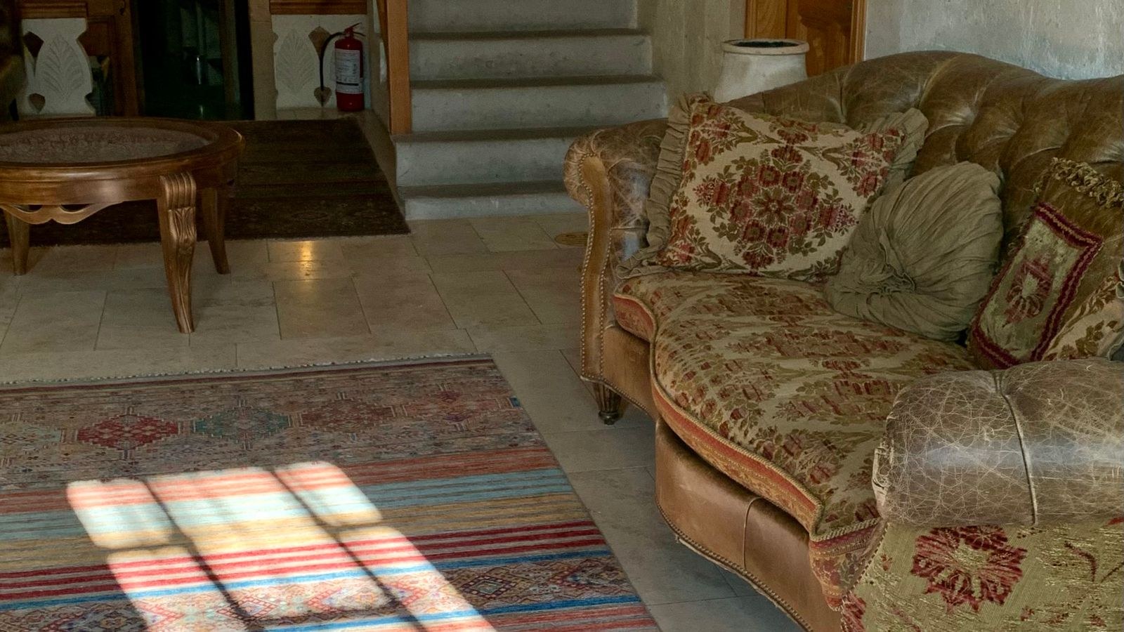 Patterned area rug anchoring a seating group in a sunlit living room