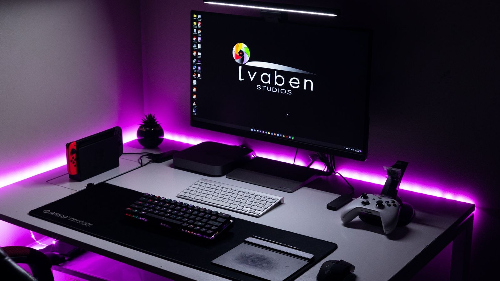 Living area with LED lighting and gaming console reacting to music