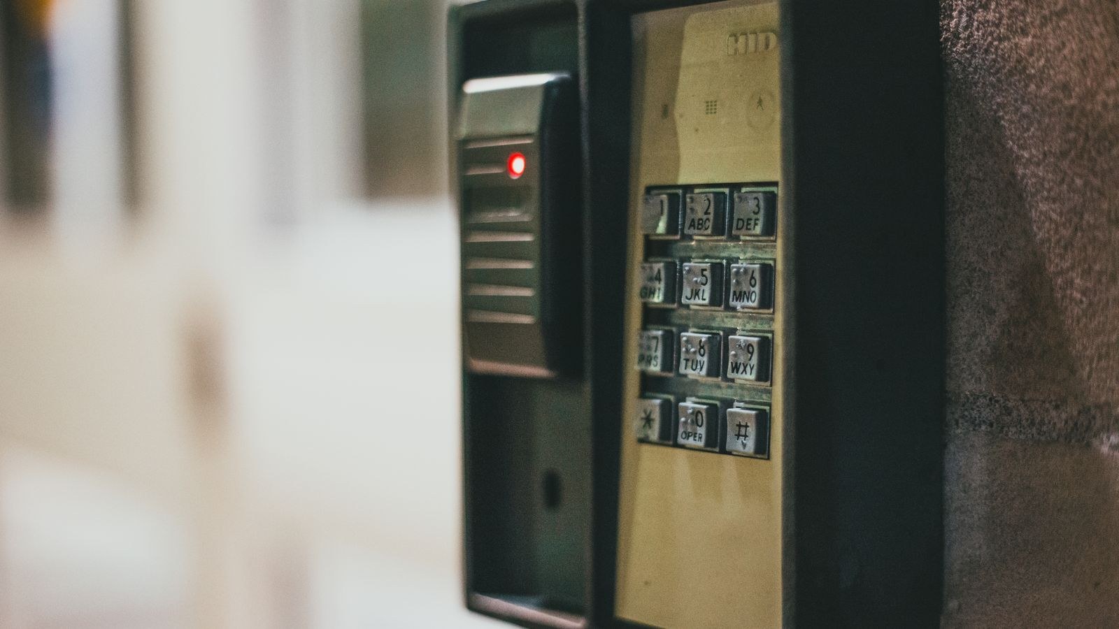 Person checking a wall-mounted security alarm control panel at home