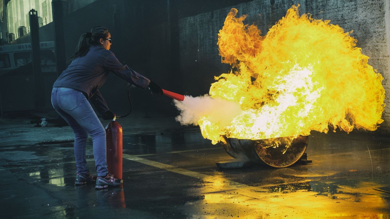 Person using a fire extinguisher to put out flames during a safety demonstration