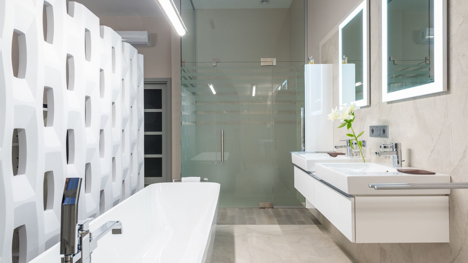 Bathroom ceiling with combination exhaust fan and light fixture installed