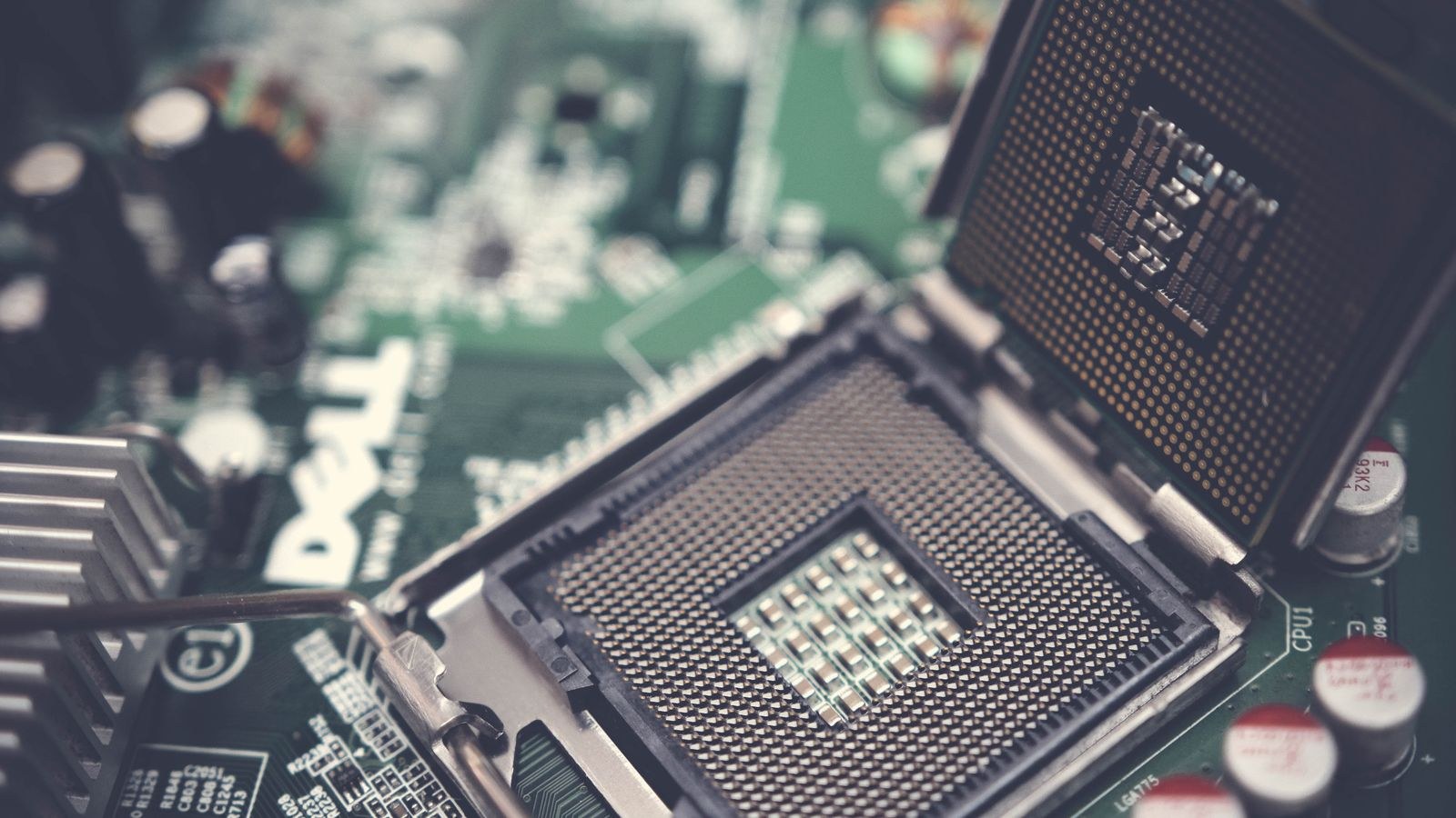 Close up of an empty CPU socket on a motherboard showing the pin array