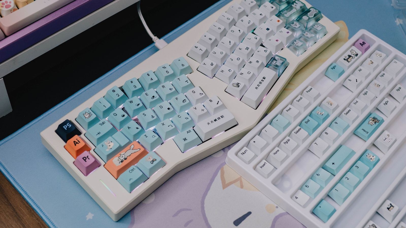 Custom keycap set with pastel PBT caps arranged on a desk mat