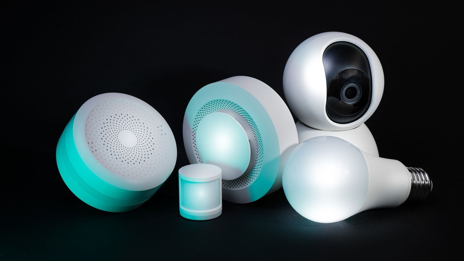 Smart home camera bulbs and sensors displayed together
