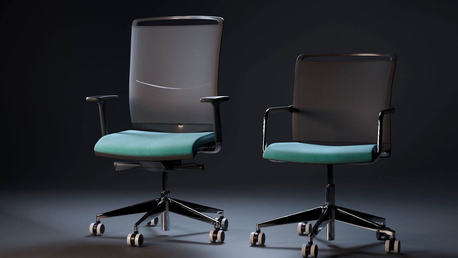 Two modern mesh office chairs with wheels shown against a dark background