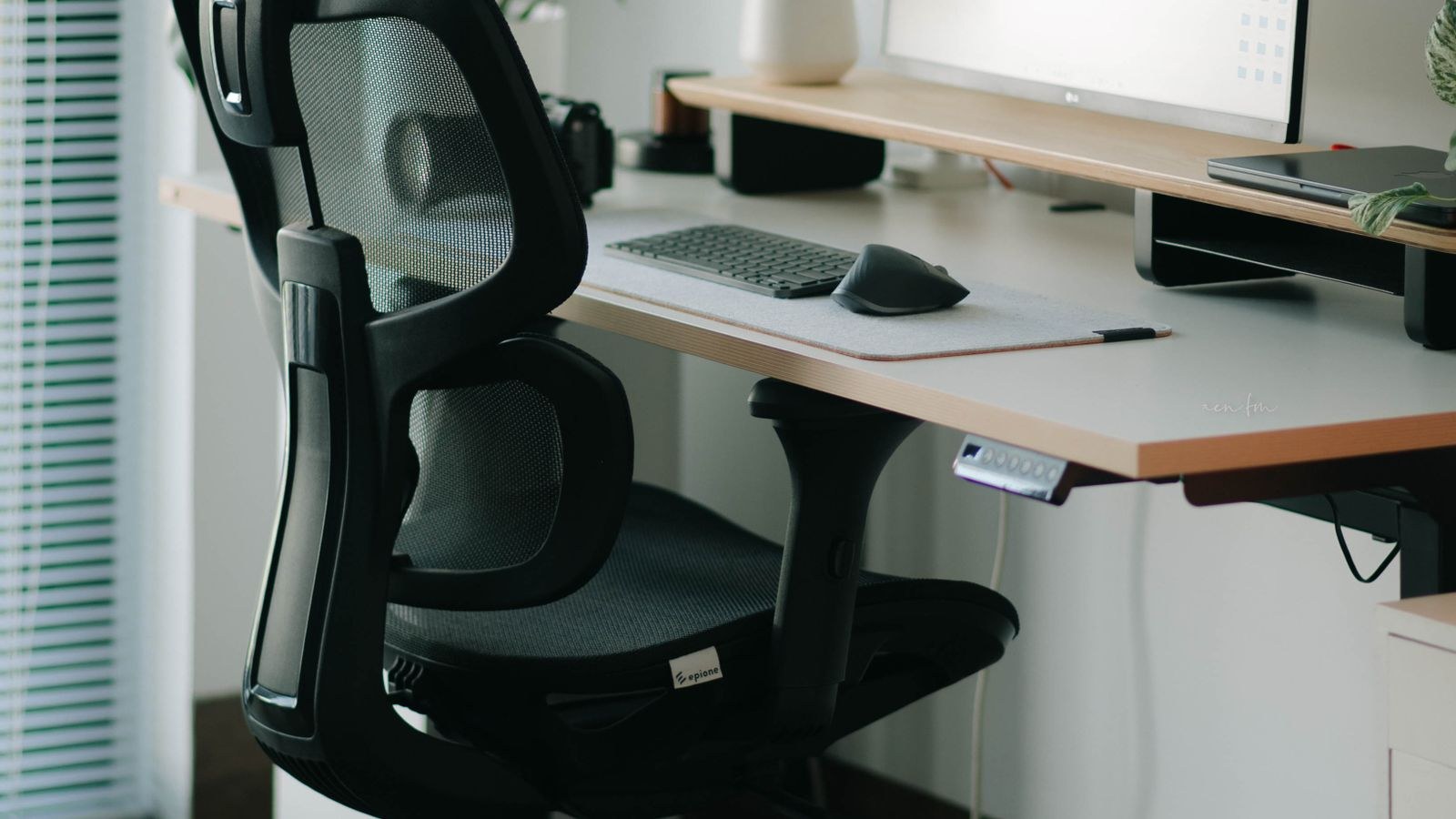 Home office setup with an ergonomic mesh chair, desk and plants