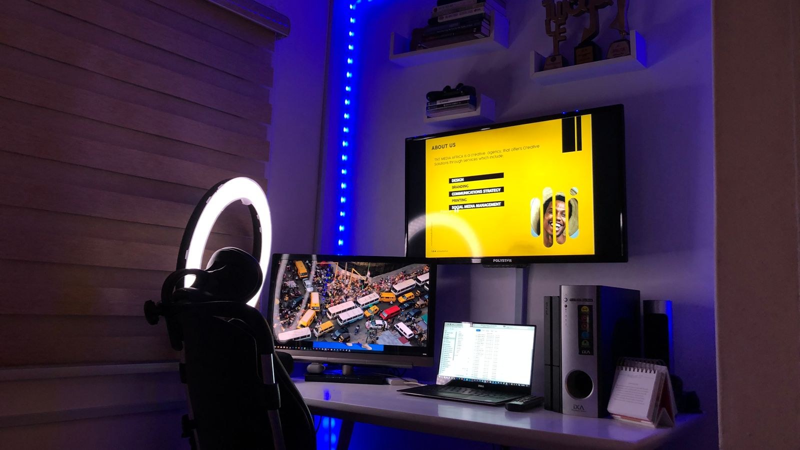 Ergonomic desk workspace with monitor arm and adjustable screen height