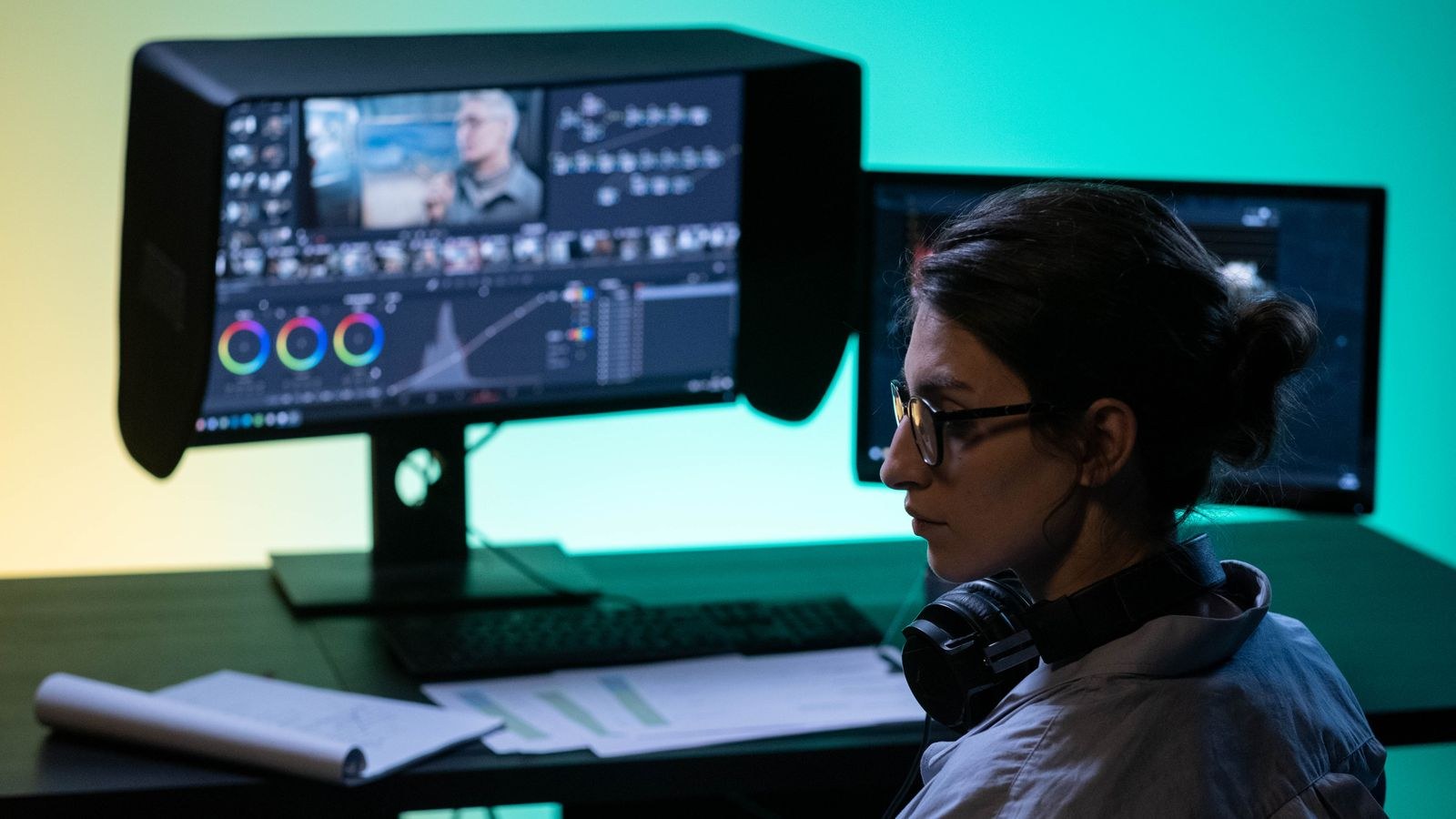 Designer comparing colour accurate images on a wide gamut desktop monitor