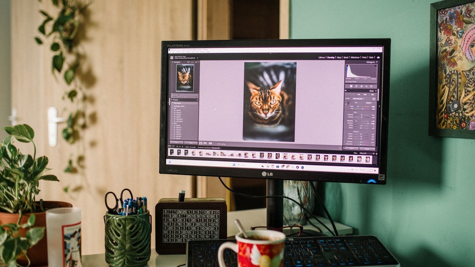Photo editor working on a colour accurate monitor with an image editing workspace