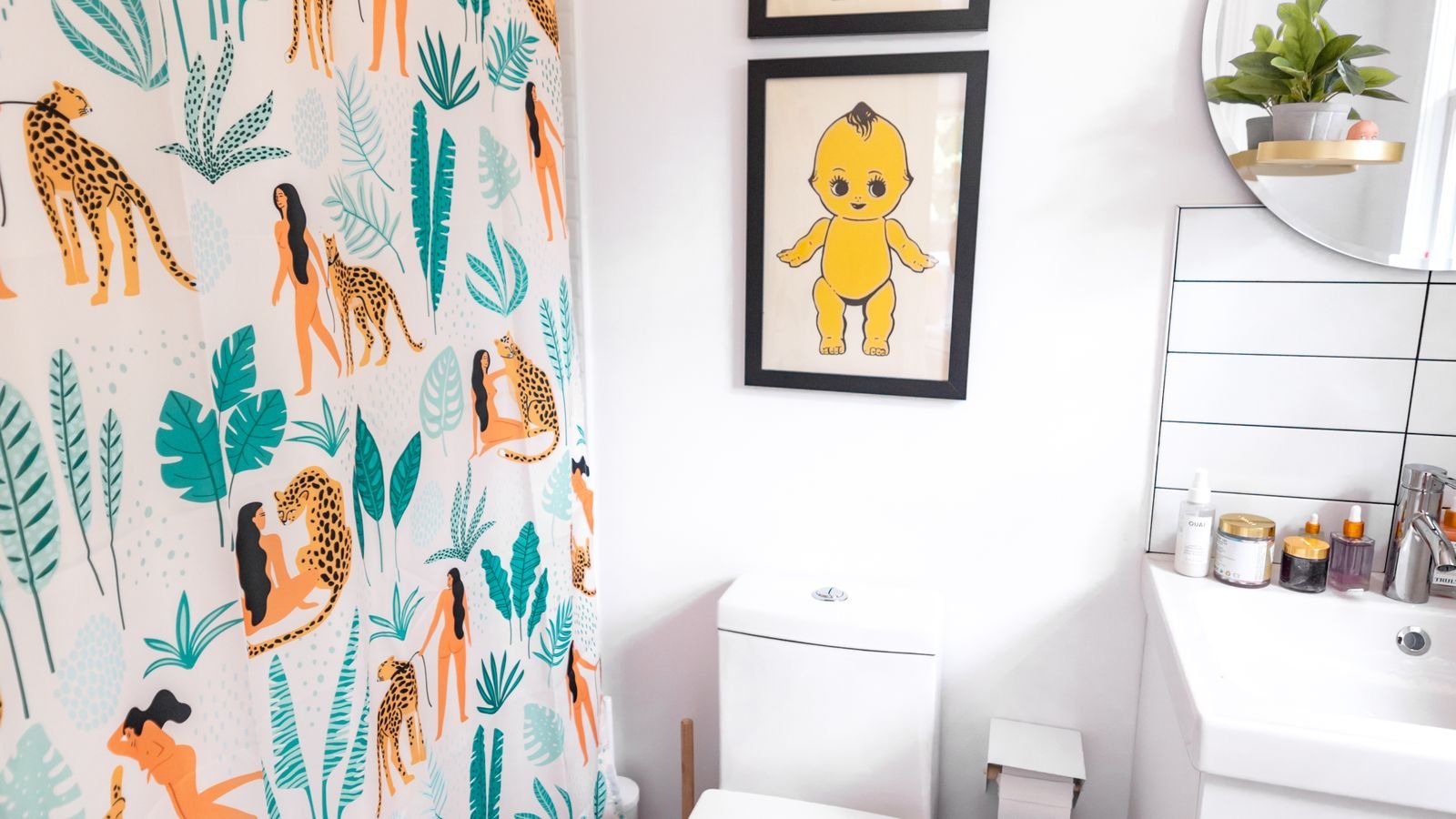 Neutral cotton shower curtain in a well-ventilated bathroom