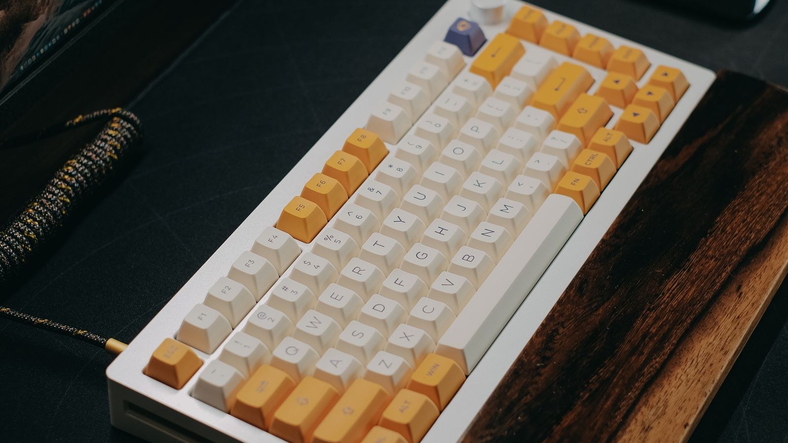 Mechanical keyboard on a modern desk in an ergonomic workspace