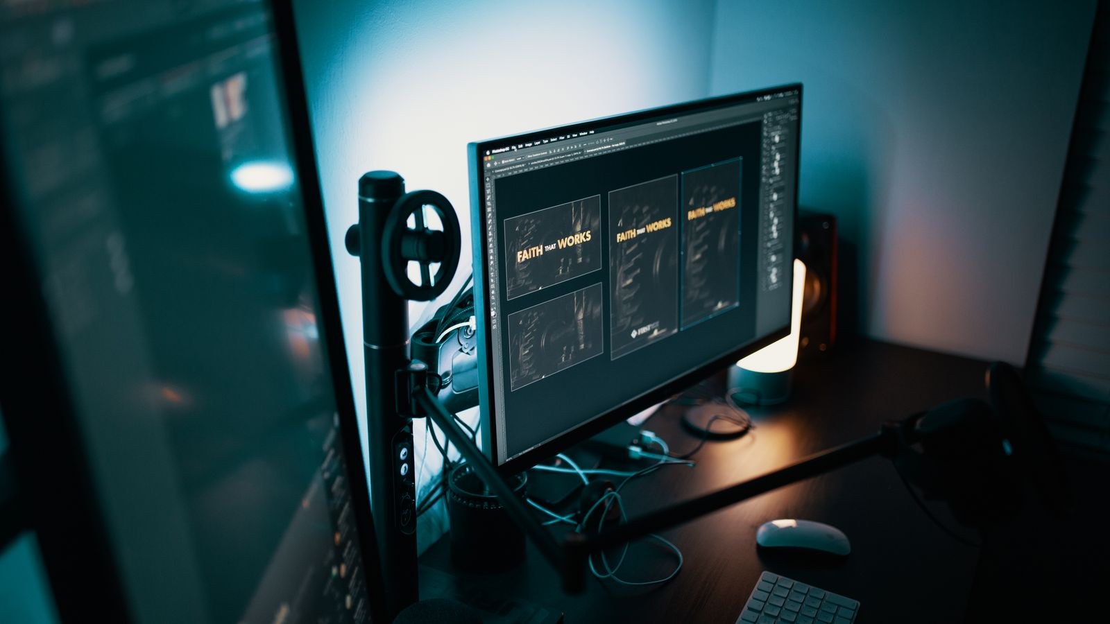Modern workspace with dual monitors displaying developer software in a dim room