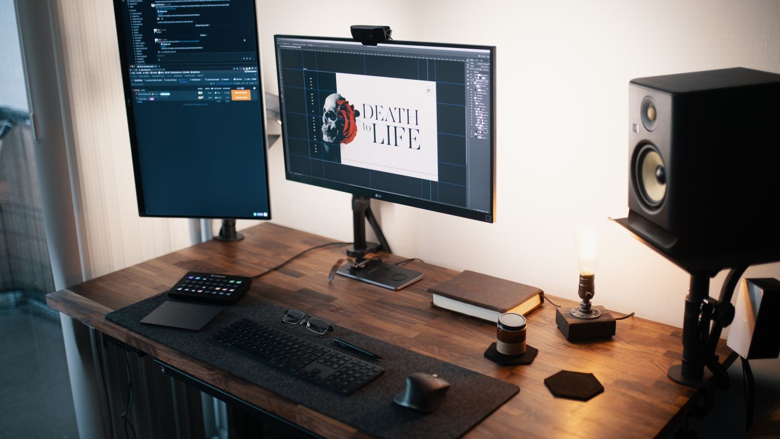 Home office desk with dual monitors keyboard mouse and speakers