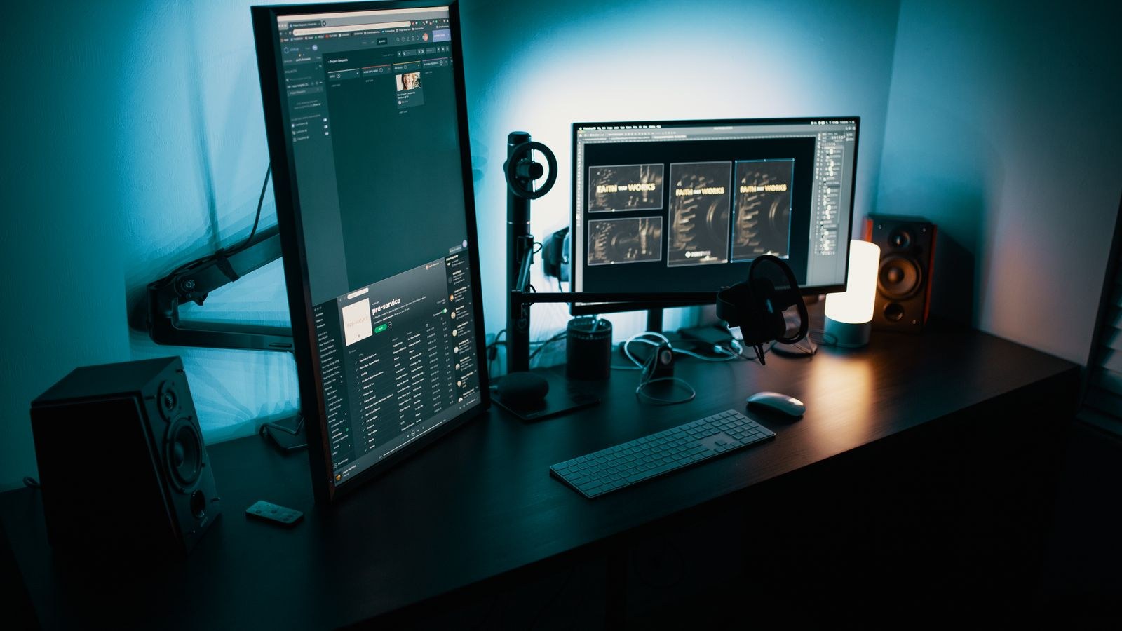 Dual monitor desk setup arranged for neutral neck posture in a home office