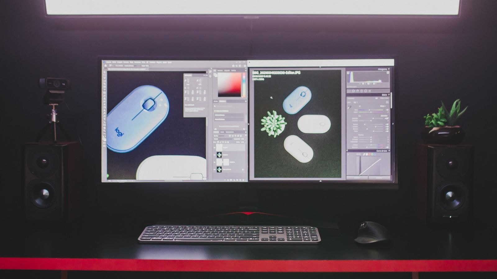 Dual monitor workstation with keyboard and mouse positioned close to the desk edge