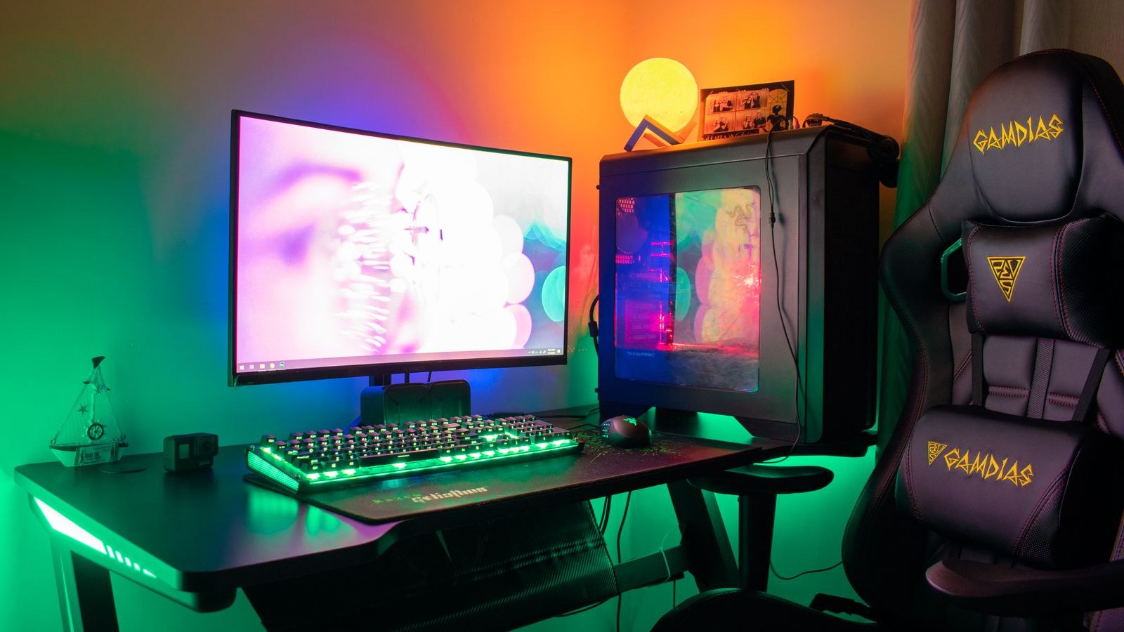 Ergonomic chair at a computer desk used for gaming and office work
