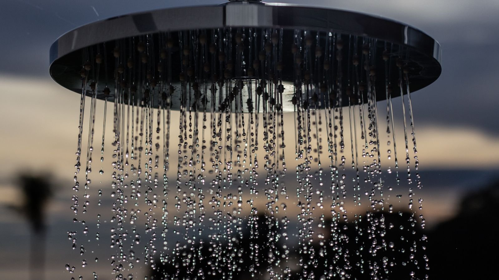 Handheld shower head on a flexible hose in a tiled shower enclosure