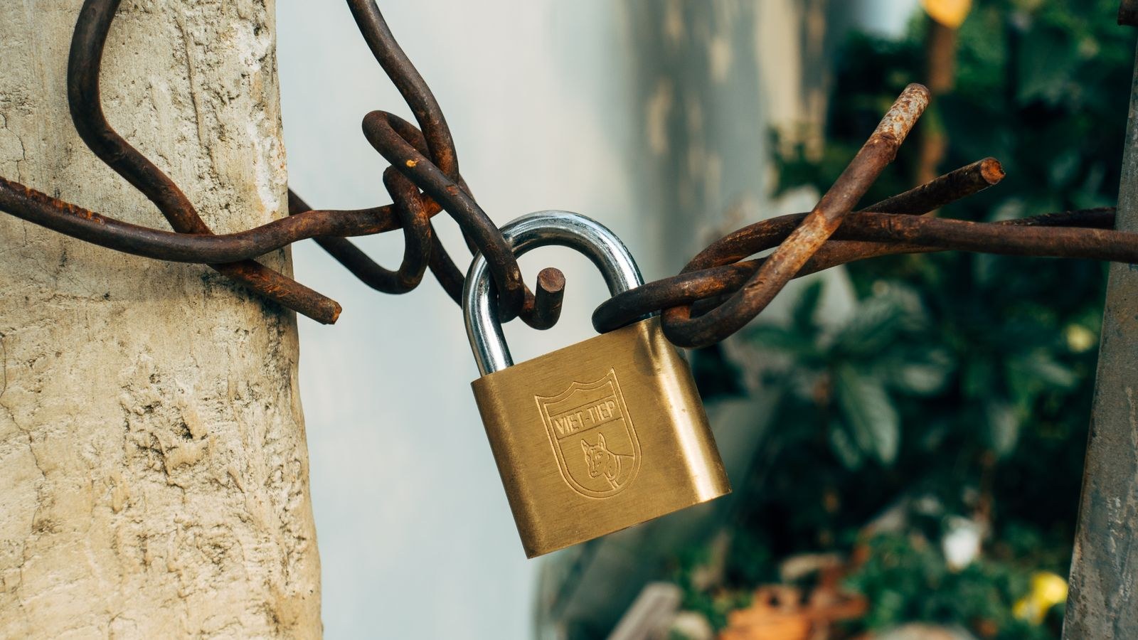 Brass padlock securing a wire fastening on a concrete post outdoors
