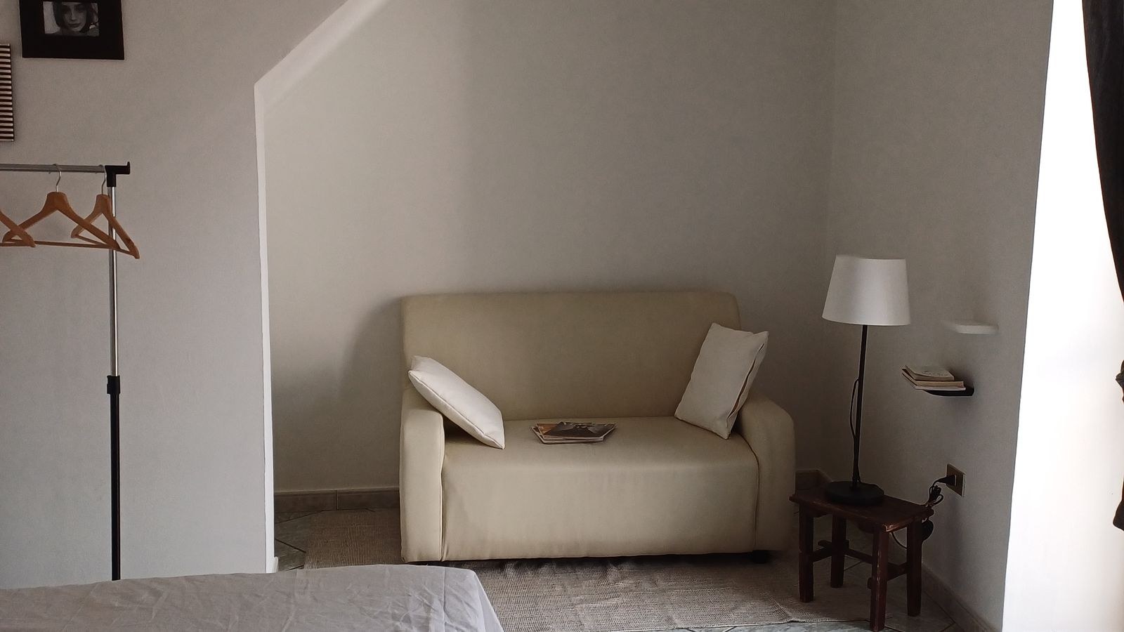 Bright minimalist room with a cozy sofa and bed for small space living