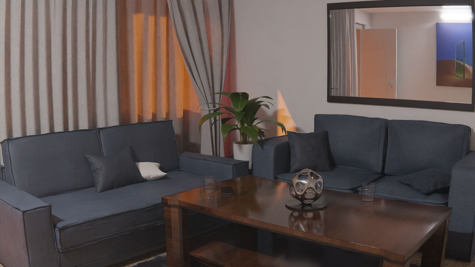 Two blue sofas arranged with a wooden table showing room scale and spacing
