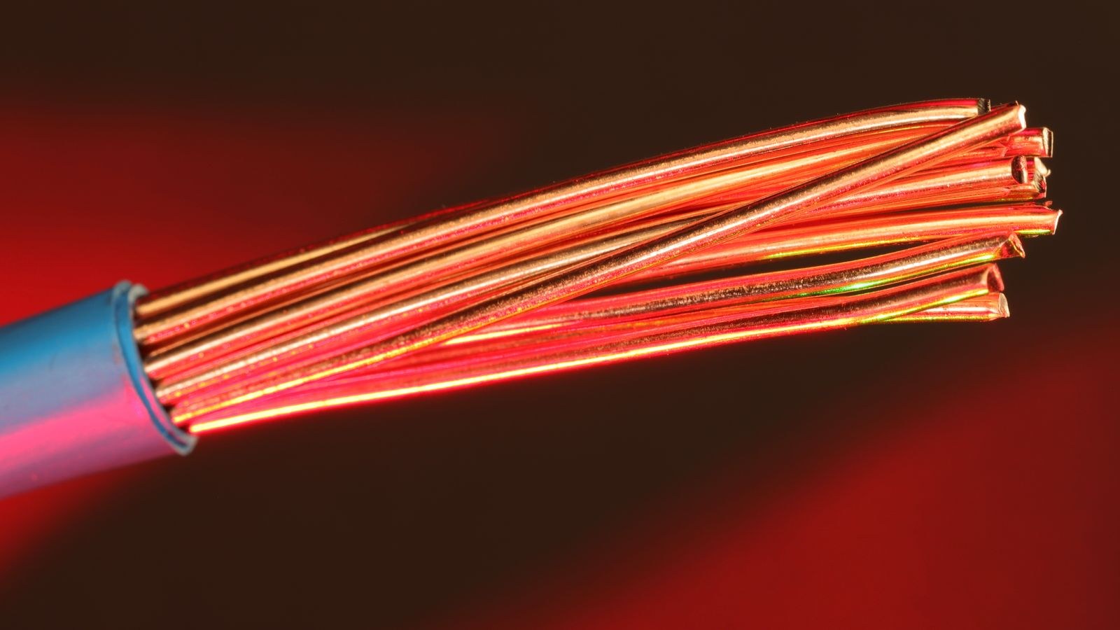 Close up of stranded copper conductors inside speaker cable